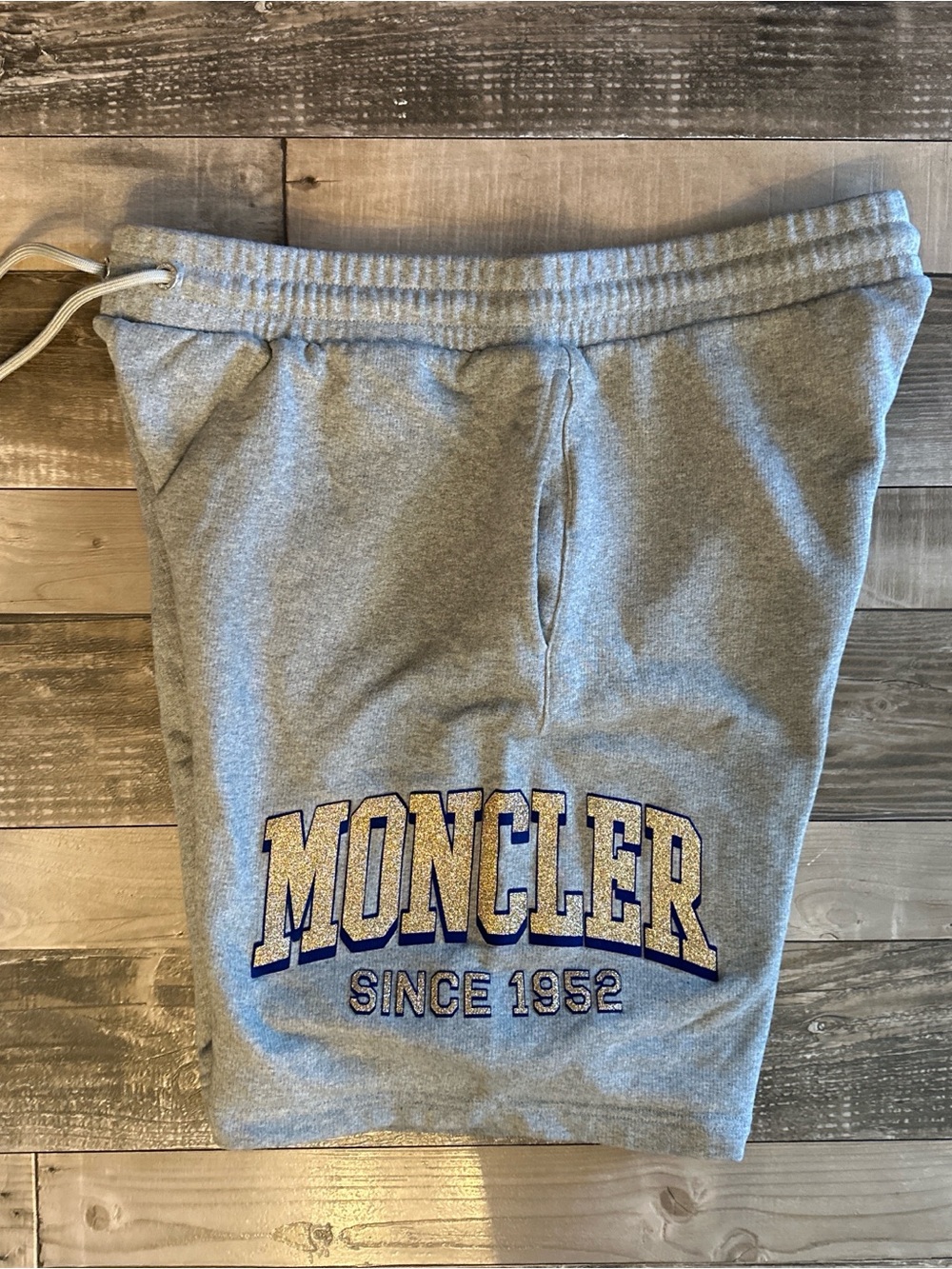 Moncler Gray Sweatpants with Gold and Blue Logo